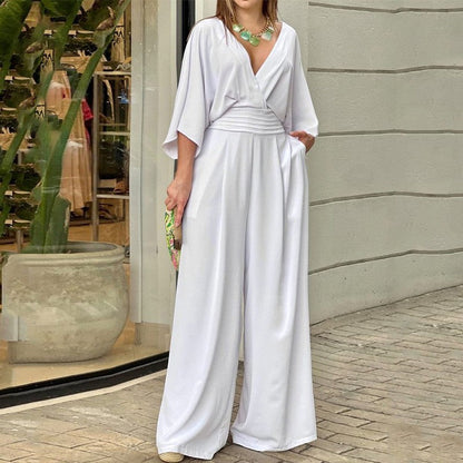 Wyróżnij się tego lata! 💖Elegancki damski kombinezon z szerokimi nogawkami z dekoltem w szpic