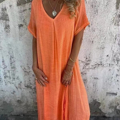 💕 Co powinnam założyć jutro? 🔥 Damska Luźna Sukienka z Dekoltem w Serek z Bawełny i Lnu