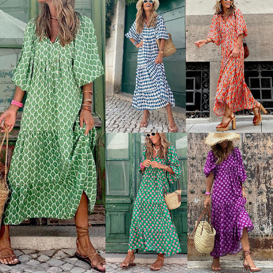 🔥👗 Damska Elegancka Sukienka Maxi z Puff Rękawami i Kwiatowym Wzorem