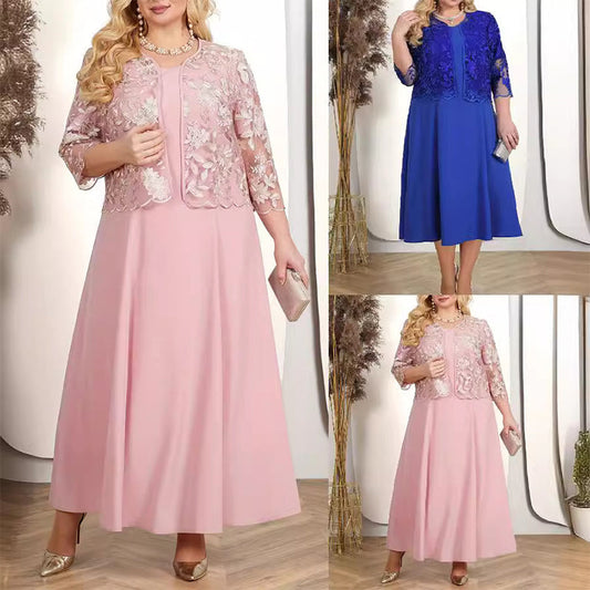 🔥👗Damska sukienka w jednolitym kolorze z koronkowym haftowanym żakietem