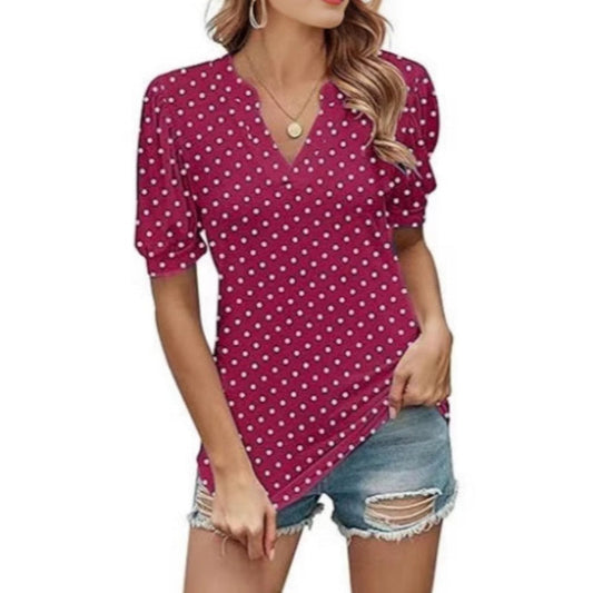 🌸Damski top w kropki z bufiastym rękawem i dekoltem w serek✨