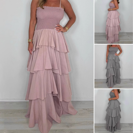 💟👗Jednokolorowa sukienka z cienkimi ramiączkami i warstwową spódnicą