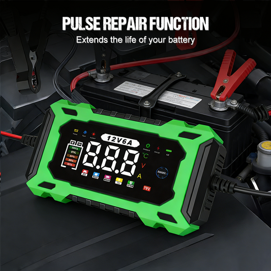 🔋 12V 6A Intelligens autós akkumulátortöltő – Impulzusos javítástechnológia, automatikus karbantartás és kéntelenítés 🚗⚡