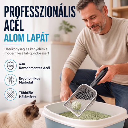 🐱🛡️ Finom hálós fém macskaalomlapát – Professzionális rozsdamentes acél, gyors szitálás és ergonomikus, csúszásmentes fogantyú ✨