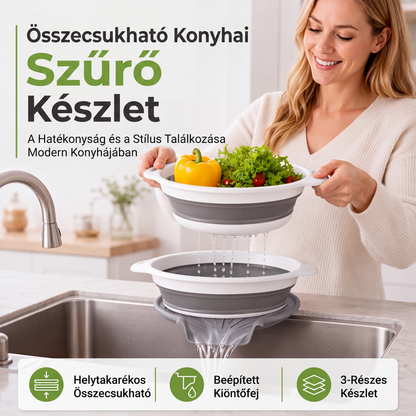 🍲 3 rétegű összehajtható szűrő – Leeresztő talppal, helytakarékos