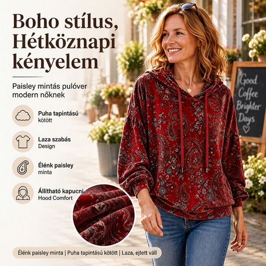 ✨🧶 Női paisley mintás húzózsinóros pulóver